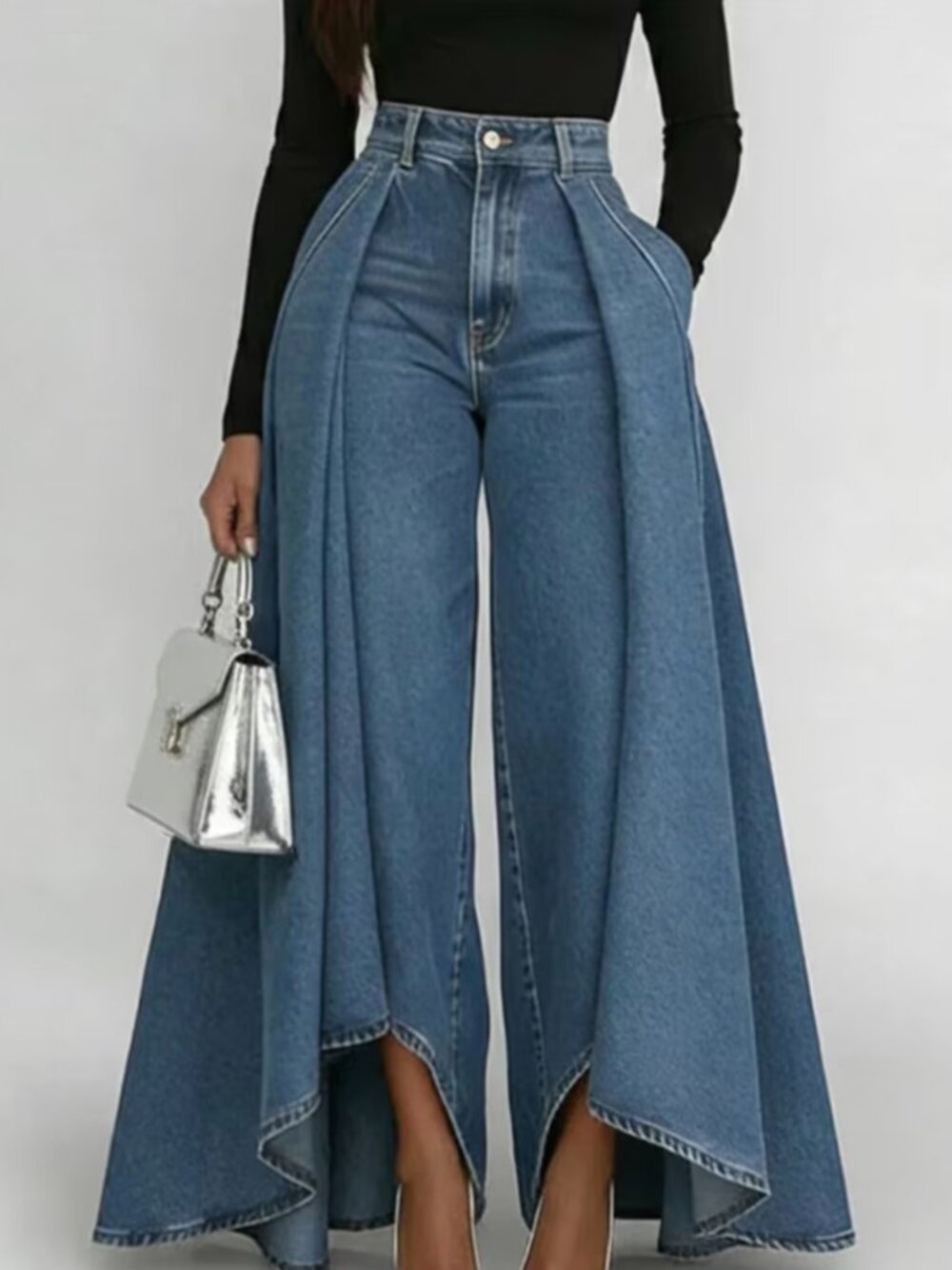 New Large Long Swing Solid Color Casual Imitation Denim Printed Straight Leg Pan
